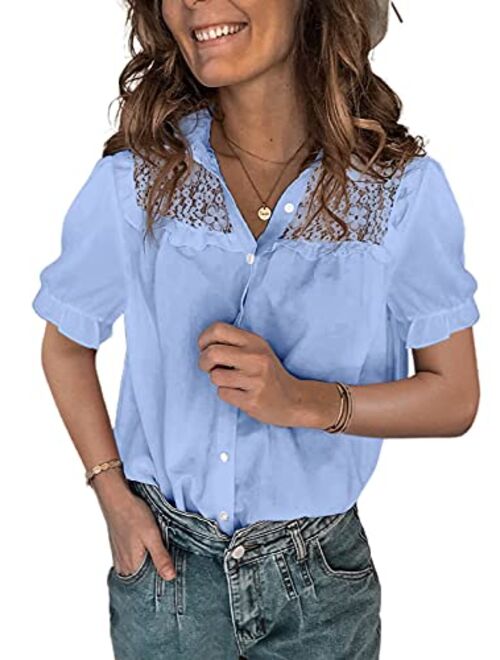 Aleumdr Women's V Neck Button Down Shirts Casual Ruffle Cap Short Sleeve Tops Blouses