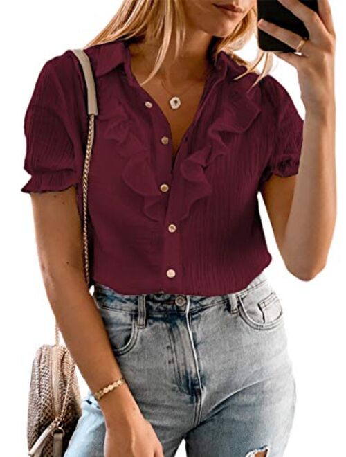 Aleumdr Women's V Neck Button Down Shirts Casual Ruffle Cap Short Sleeve Tops Blouses