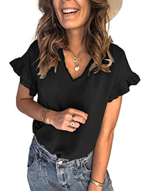 Aleumdr Women's V Neck Button Down Shirts Casual Ruffle Cap Short Sleeve Tops Blouses