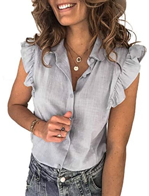 Aleumdr Women's V Neck Button Down Shirts Casual Ruffle Cap Short Sleeve Tops Blouses