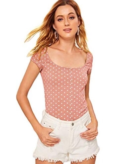 Women's Short Cap Sleeve Scoop Neck Polka Dots Summer Slim Fit Crop Tee Top