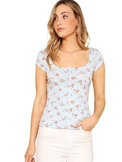 Women's Short Cap Sleeve Scoop Neck Polka Dots Summer Slim Fit Crop Tee Top