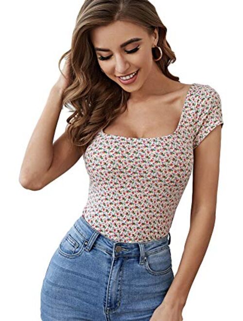 Romwe Women's Short Cap Sleeve Scoop Neck Polka Dots Summer Slim Fit Crop Tee Top