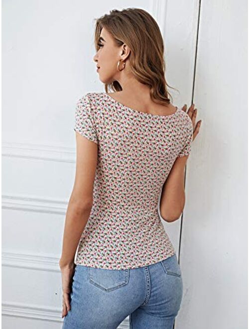 Romwe Women's Short Cap Sleeve Scoop Neck Polka Dots Summer Slim Fit Crop Tee Top