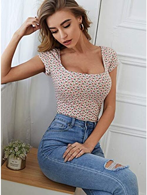 Romwe Women's Short Cap Sleeve Scoop Neck Polka Dots Summer Slim Fit Crop Tee Top