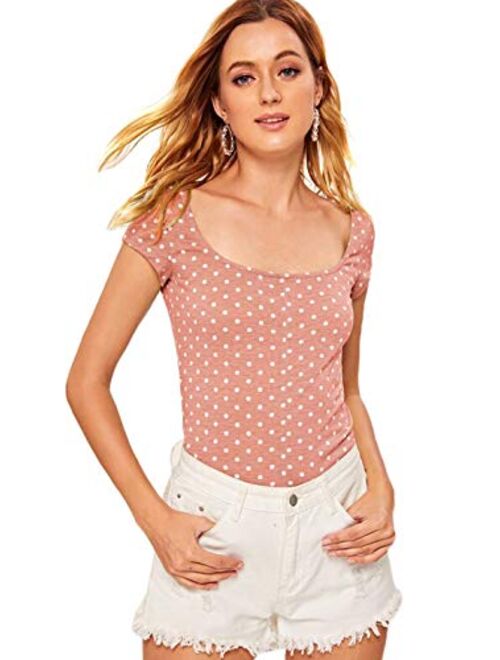 Romwe Women's Short Cap Sleeve Scoop Neck Polka Dots Summer Slim Fit Crop Tee Top