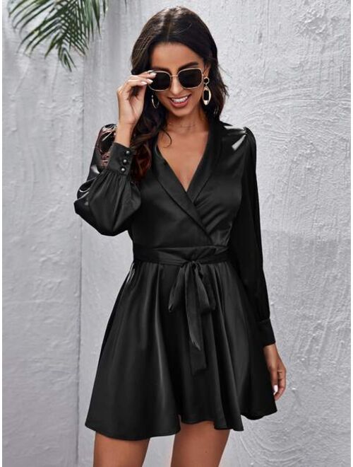 SHEIN Shawl Collar Self Belted Satin Dress