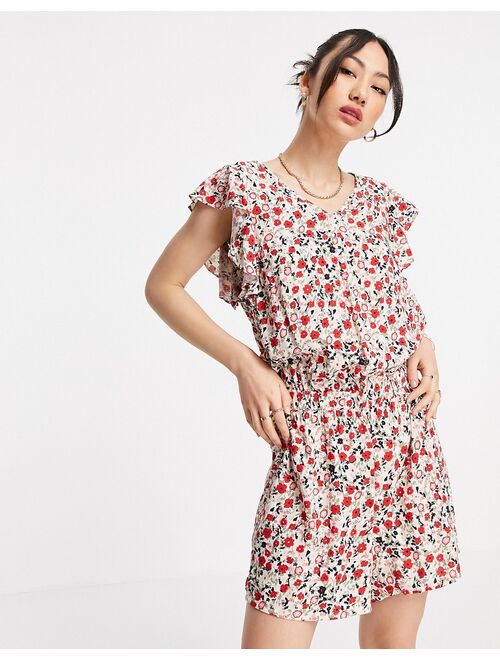 Vero Moda ruffle sleeve v neck romper in pink and red floral