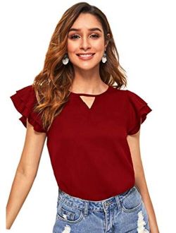 Women Ruffle Sleeve Chiffon Blouse Keyhole Neck Work Office Solid Shirt Top