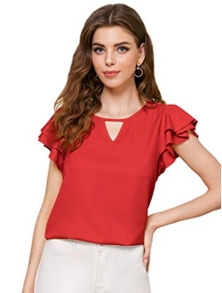 Women Ruffle Sleeve Chiffon Blouse Keyhole Neck Work Office Solid Shirt Top