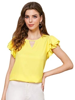 Women Ruffle Sleeve Chiffon Blouse Keyhole Neck Work Office Solid Shirt Top