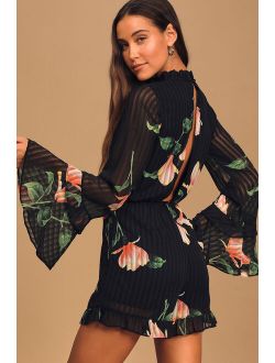 Talking Sweet Black Floral Print Long Sleeve Cutout Romper