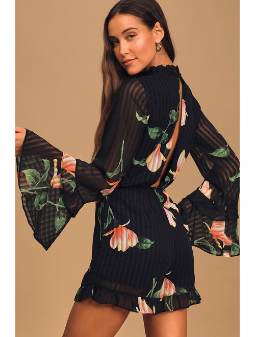 Lulus Talking Sweet Black Floral Print Long Sleeve Cutout Romper