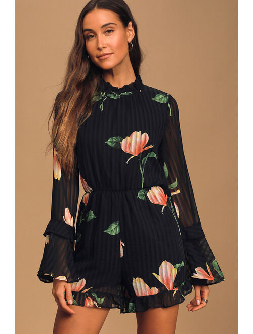 Lulus Talking Sweet Black Floral Print Long Sleeve Cutout Romper