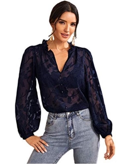 Women's Sexy Sheer Ruffle Trim Bishop Sleeve Appliques Mesh Blouse Shirt Top