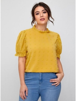 Plus Ruffle Neck Puff Sleeve Appliques Top