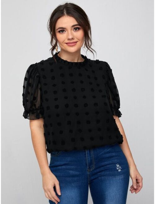 SHEIN Plus Ruffle Neck Puff Sleeve Appliques Top