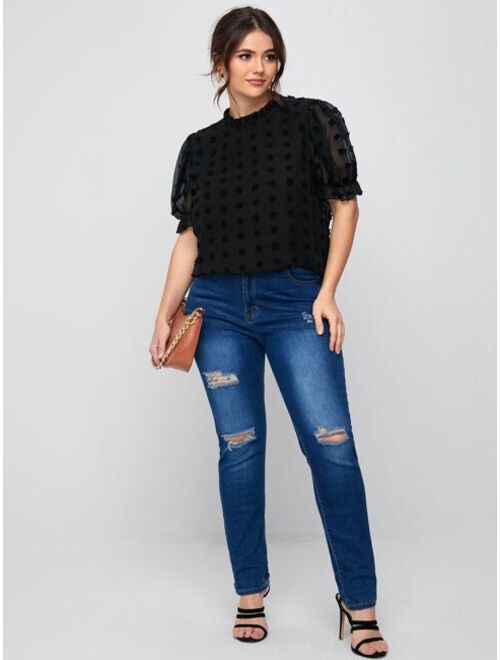 SHEIN Plus Ruffle Neck Puff Sleeve Appliques Top