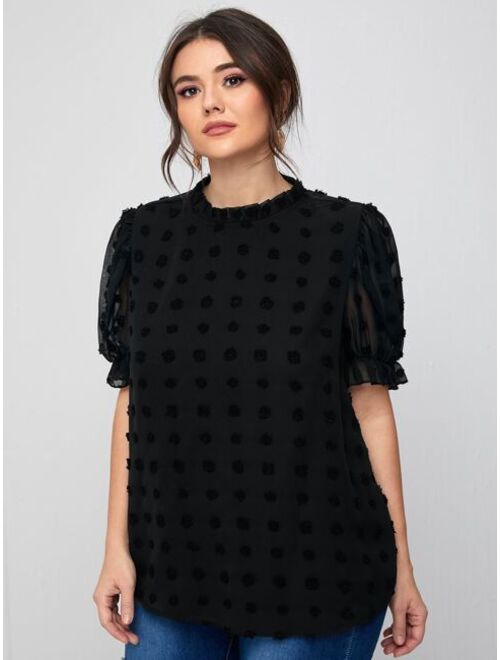 SHEIN Plus Ruffle Neck Puff Sleeve Appliques Top