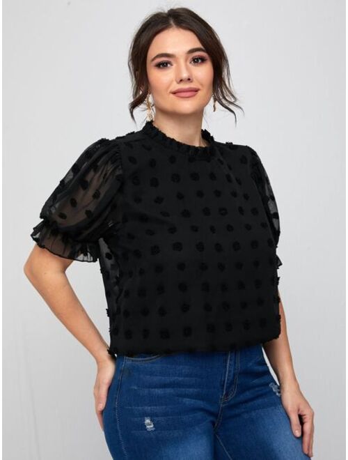 SHEIN Plus Ruffle Neck Puff Sleeve Appliques Top