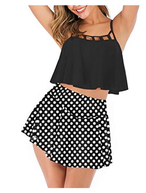 Lwaoien Women's Two Piece Swimsuit High Waisted Tummy Control Bathing Suits Ruffle Flounce Crop Top Bikini with Swim Skirt Tankini Set