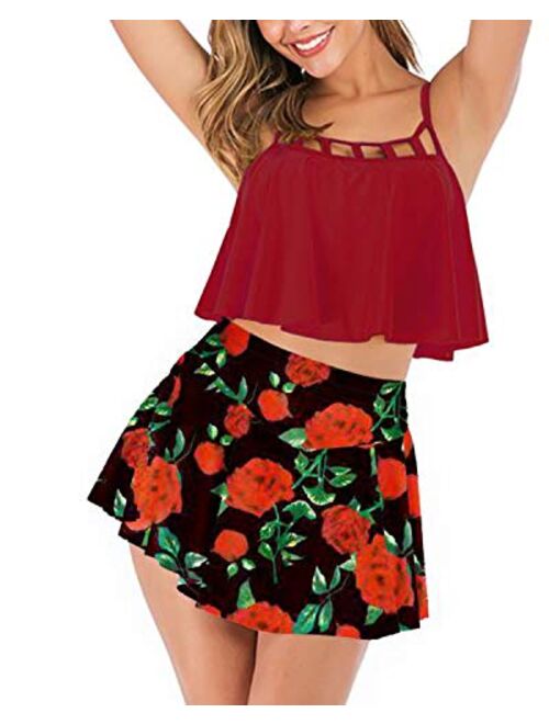 Lwaoien Women's Two Piece Swimsuit High Waisted Tummy Control Bathing Suits Ruffle Flounce Crop Top Bikini with Swim Skirt Tankini Set