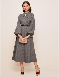 Twist Neck Lantern Sleeve Flare Dress