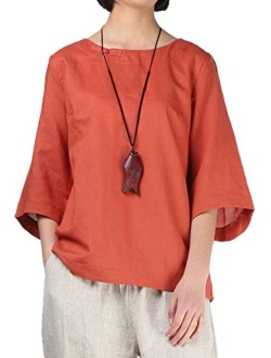 Minibee Women's Loose Cotton Linen Blouse Round Neck with Chinese Frog Button Tops