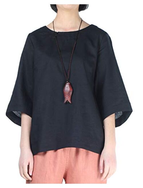 Minibee Women's Loose Cotton Linen Blouse Round Neck with Chinese Frog Button Tops