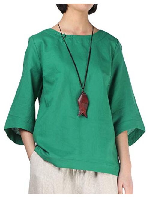 Minibee Women's Loose Cotton Linen Blouse Round Neck with Chinese Frog Button Tops