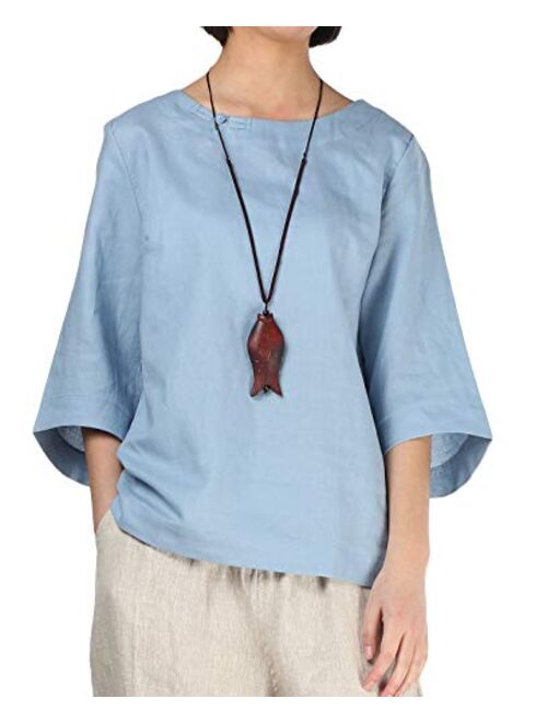 Minibee Women's Loose Cotton Linen Blouse Round Neck with Chinese Frog Button Tops