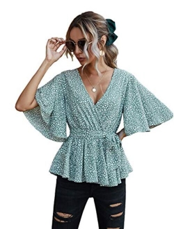 Women's Half Sleeve Wrap V Neck Belted Ruffle Hem Peplum Blouse Tops