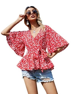 Women's Half Sleeve Wrap V Neck Belted Ruffle Hem Peplum Blouse Tops