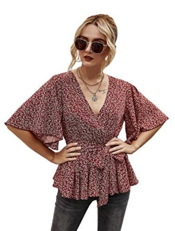 Women's Half Sleeve Wrap V Neck Belted Ruffle Hem Peplum Blouse Tops