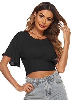 LYANER Women's Ruffle Butterfly Sleeve Scoop Neck Tie Back Summer Knot Crop Top