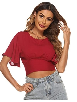 LYANER Women's Ruffle Butterfly Sleeve Scoop Neck Tie Back Summer Knot Crop Top