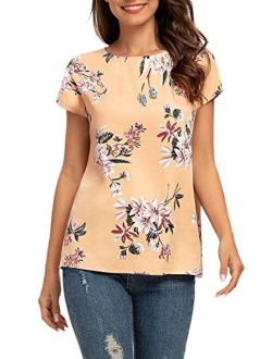 TORARY Women Short Sleeves Boatneck Floral Summer Casual Chiffon Blouse Top