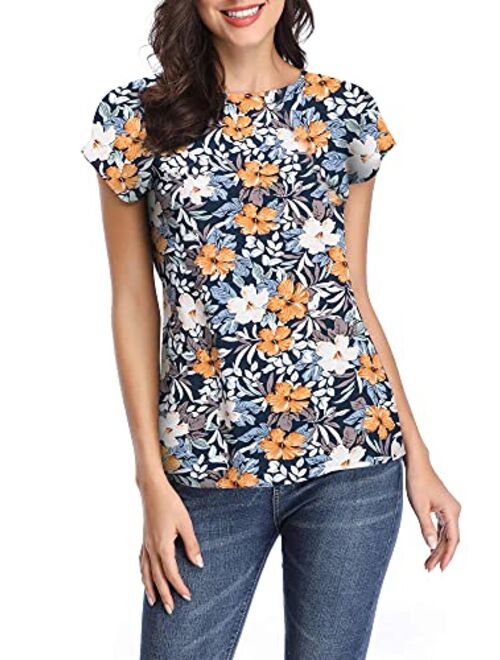 TORARY Women Short Sleeves Boatneck Floral Summer Casual Chiffon Blouse Top