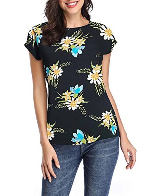 TORARY Women Short Sleeves Boatneck Floral Summer Casual Chiffon Blouse Top