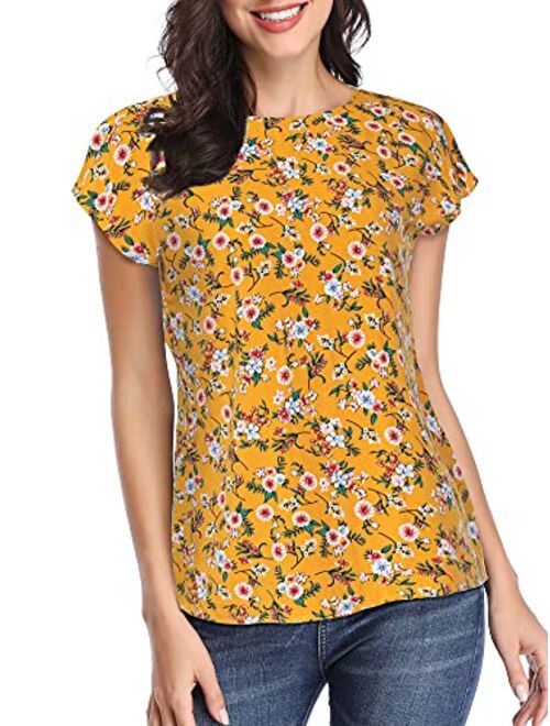 TORARY Women Short Sleeves Boatneck Floral Summer Casual Chiffon Blouse Top