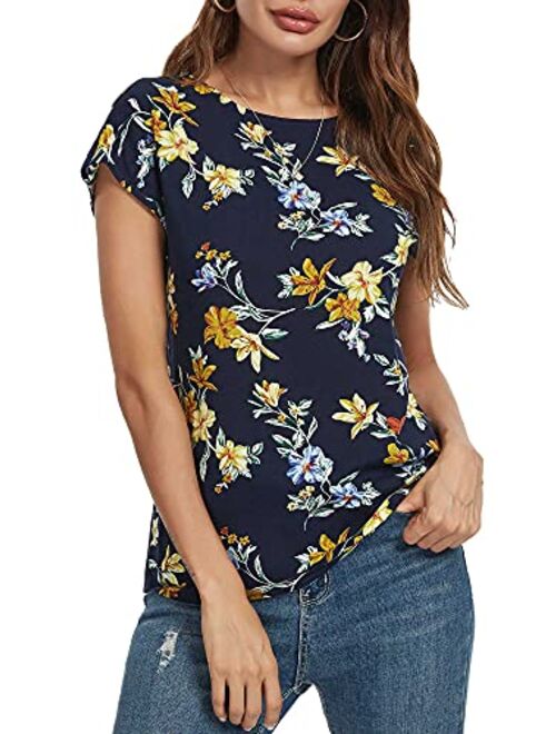 TORARY Women Short Sleeves Boatneck Floral Summer Casual Chiffon Blouse Top