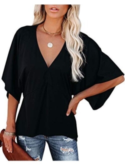 Womens V Neck 3/4 Bell Sleeve Blouse Tops Summer Loose Solid Kimono Shirt Patchwork Irregular Hem Tunic