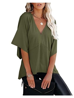 Womens V Neck 3/4 Bell Sleeve Blouse Tops Summer Loose Solid Kimono Shirt Patchwork Irregular Hem Tunic