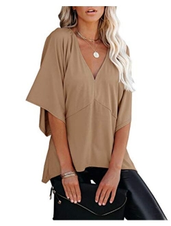 Womens V Neck 3/4 Bell Sleeve Blouse Tops Summer Loose Solid Kimono Shirt Patchwork Irregular Hem Tunic