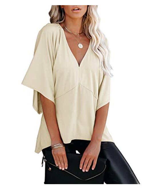 Womens V Neck 3/4 Bell Sleeve Blouse Tops Summer Loose Solid Kimono Shirt Patchwork Irregular Hem Tunic