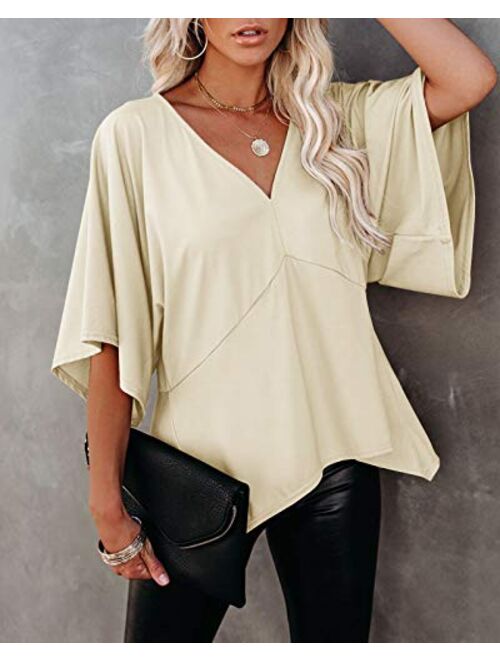 Womens V Neck 3/4 Bell Sleeve Blouse Tops Summer Loose Solid Kimono Shirt Patchwork Irregular Hem Tunic