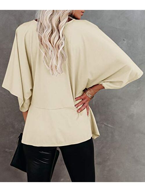 Womens V Neck 3/4 Bell Sleeve Blouse Tops Summer Loose Solid Kimono Shirt Patchwork Irregular Hem Tunic