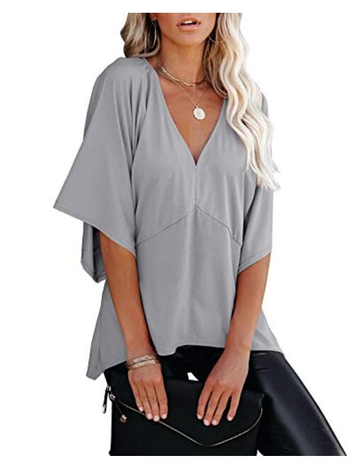 Womens V Neck 3/4 Bell Sleeve Blouse Tops Summer Loose Solid Kimono Shirt Patchwork Irregular Hem Tunic