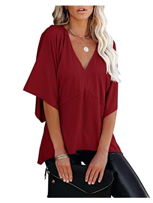 Womens V Neck 3/4 Bell Sleeve Blouse Tops Summer Loose Solid Kimono Shirt Patchwork Irregular Hem Tunic