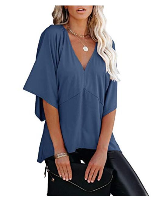 Womens V Neck 3/4 Bell Sleeve Blouse Tops Summer Loose Solid Kimono Shirt Patchwork Irregular Hem Tunic